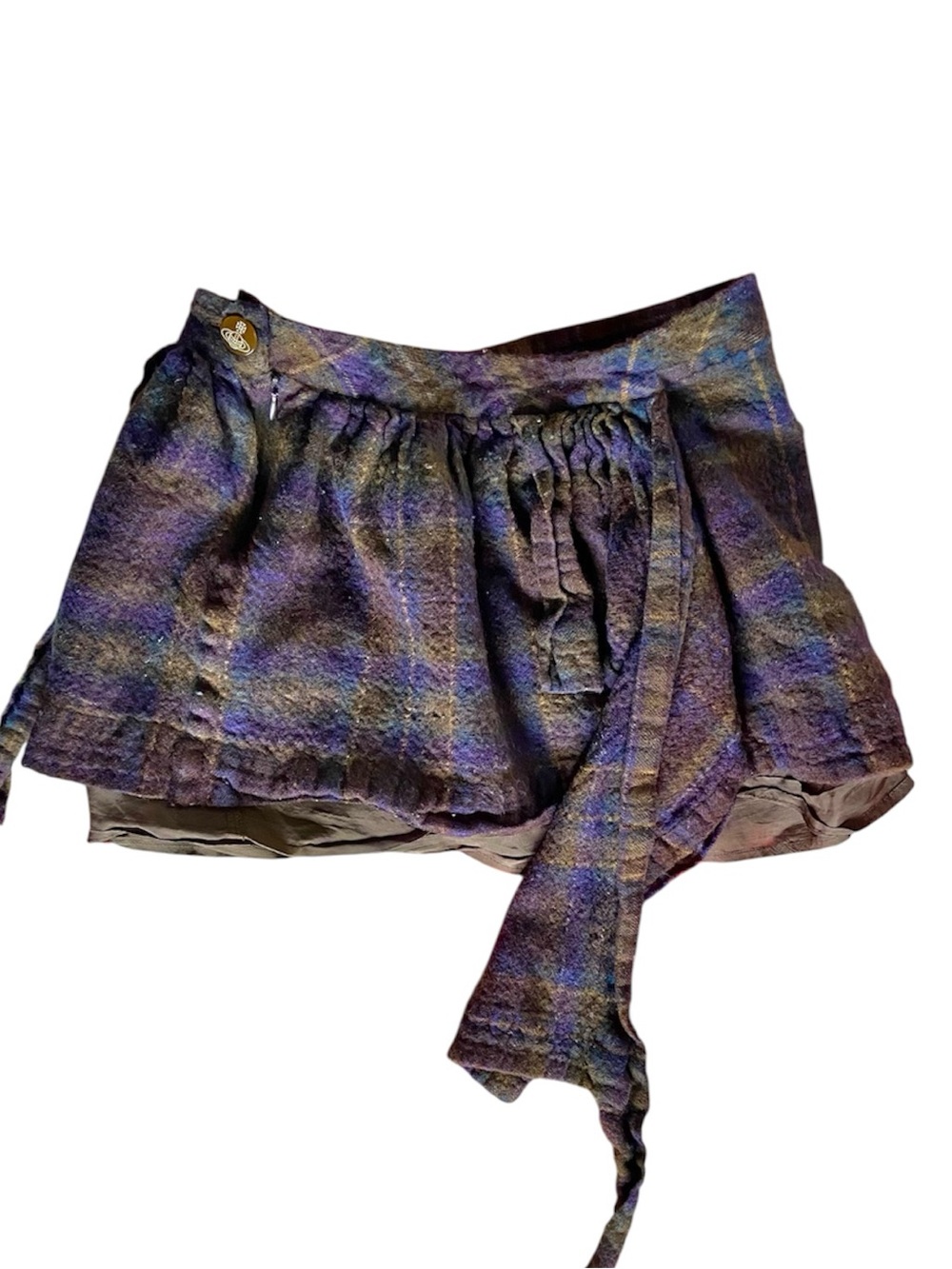 Vivienne Westwood Plaid Tiered Wrap Mini Skirt in Purple and Brown